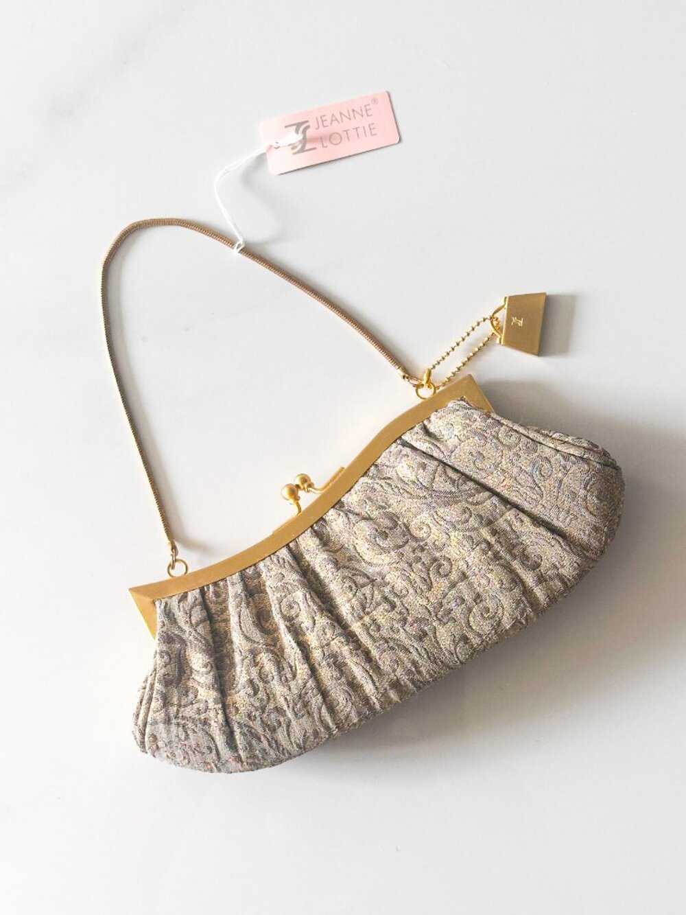 JEANNE LOTTIE Gold Champagne & Taupe Swirl Brocade Kiss Lock Formal Handbag y2k